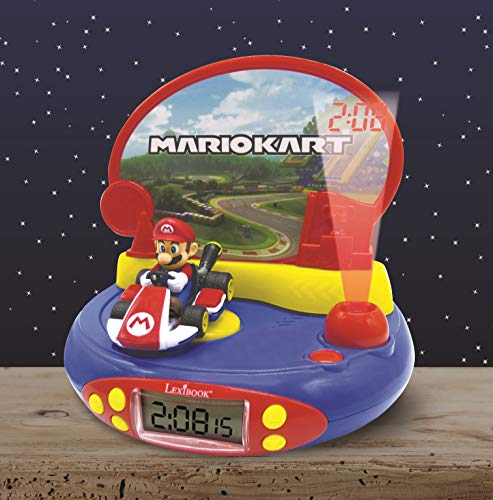 LEXIBOOK- Reloj Despertador con Proyector de Mario Kart Nintendo-con Luz Nocturna y Proyección de Tiempo en el Techo, Efectos de Sonido, Niñas, Azul/Rojo