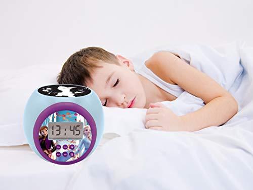 LEXIBOOK Reloj Despertador con proyector Disney Frozen 2 Anna Elsa con función de repetición y Alarma, luz Nocturna con Temporizador, Pantalla LCD, batería, Azul/púrpura, Color