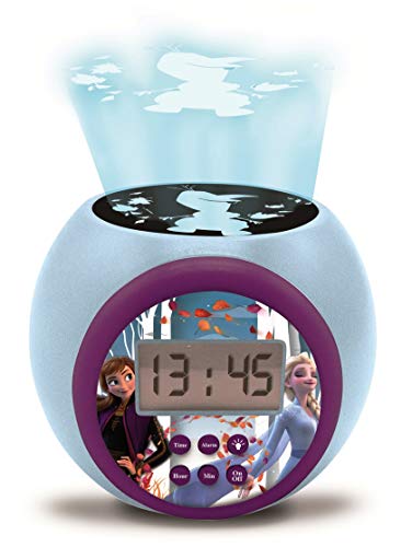 LEXIBOOK Reloj Despertador con proyector Disney Frozen 2 Anna Elsa con función de repetición y Alarma, luz Nocturna con Temporizador, Pantalla LCD, batería, Azul/púrpura, Color