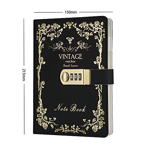 Lirener Retro Vintage Personal Notebook planificador Diario Organizador, Estampación en Caliente A5 Contraseña Bloc de Notas con Cerradura de combinación, Soporte para bolígrafo, 150x215mm