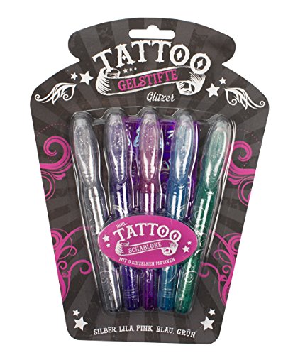 Lote de 5 bolígrafos de gel para tatuajes con purpurina, color plateado, lila, rosa, azul y verde