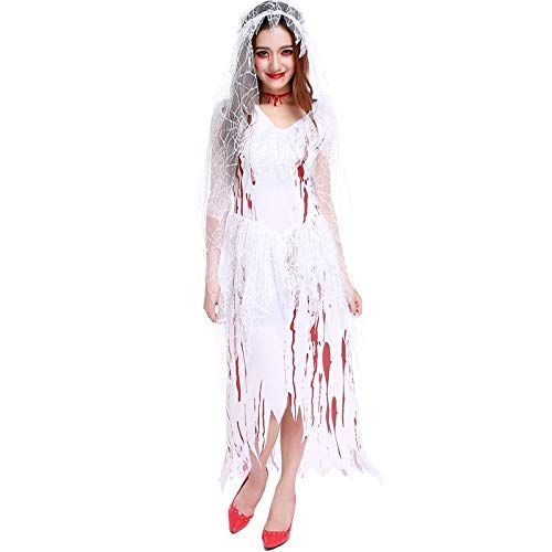 Luoshan Fiesta de Halloween Mujeres Adultas Encaje Cosplay Ropa Vestido de Novia cadáver Fantasma Novia Cosplay Halloween Sangrienta Trajes de Novia, Cofre: 70-100cm, Cintura: 72-92cm, Longitud de la