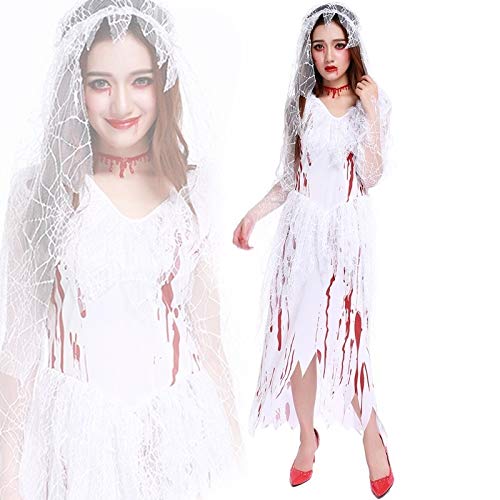 Luoshan Fiesta de Halloween Mujeres Adultas Encaje Cosplay Ropa Vestido de Novia cadáver Fantasma Novia Cosplay Halloween Sangrienta Trajes de Novia, Cofre: 70-100cm, Cintura: 72-92cm, Longitud de la