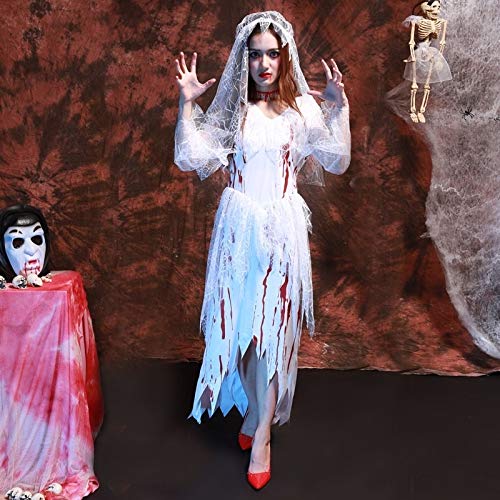 Luoshan Fiesta de Halloween Mujeres Adultas Encaje Cosplay Ropa Vestido de Novia cadáver Fantasma Novia Cosplay Halloween Sangrienta Trajes de Novia, Cofre: 70-100cm, Cintura: 72-92cm, Longitud de la