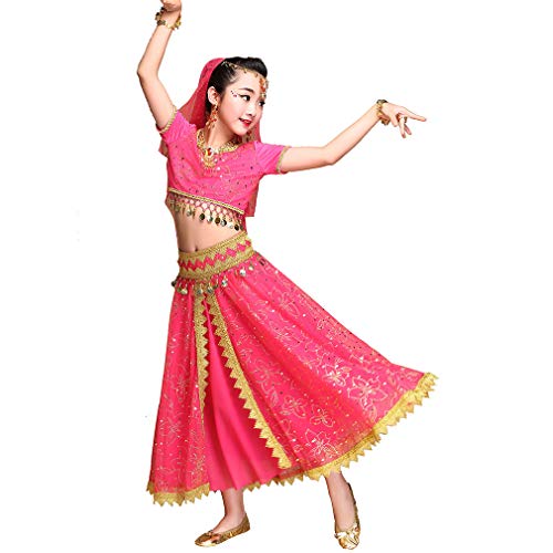 Maguun Noches árabes Traje Niñas Bollywood Danza del Vientre Vestido Niños Princesa India Traje Ropa de Carnaval (XL 131-155cm/51-61in, Rosa-Roja)