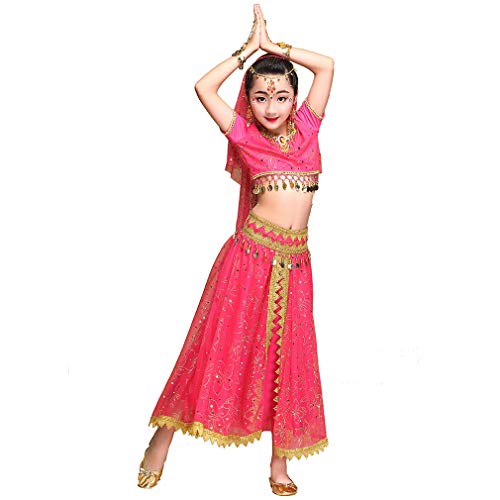 Maguun Noches árabes Traje Niñas Bollywood Danza del Vientre Vestido Niños Princesa India Traje Ropa de Carnaval (XL 131-155cm/51-61in, Rosa-Roja)