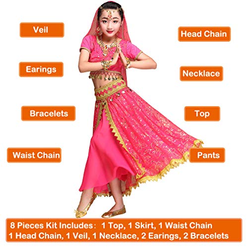 Maguun Noches árabes Traje Niñas Bollywood Danza del Vientre Vestido Niños Princesa India Traje Ropa de Carnaval (XL 131-155cm/51-61in, Rosa-Roja)