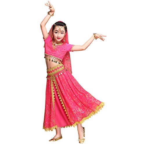 Maguun Noches árabes Traje Niñas Bollywood Danza del Vientre Vestido Niños Princesa India Traje Ropa de Carnaval (XL 131-155cm/51-61in, Rosa-Roja)