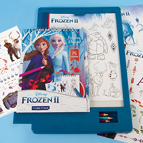 Make It Real - Disney Frozen 2 Fashion Design Tracing Light Table Kit de diseño de moda para niños incluye mesa ligera, cuaderno de dibujo Disney, plantillas, pegatinas, guía de diseño y más