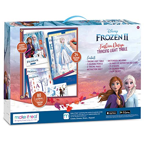 Make It Real - Disney Frozen 2 Fashion Design Tracing Light Table Kit de diseño de moda para niños incluye mesa ligera, cuaderno de dibujo Disney, plantillas, pegatinas, guía de diseño y más