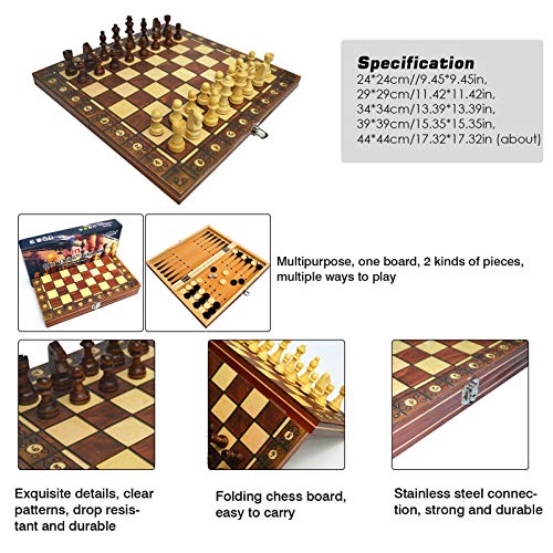 Makeover Juego de ajedrez de Madera Tablero Grande Tablero de ajedrez Juego de Damas de Madera Plegable Tablero de ajedrez de Madera portátil Backgammon de Madera para niños y Adultos