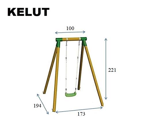 | MASGAMES | Columpio de madera individual KELUT| con asiento plano de plástico y cuerdas regulables | madera tratada | anclajes incluidos | uso doméstico |