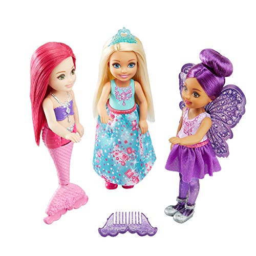 Mattel Barbie Dreamtopia-Pack de 3 muñecas Chelsea Sirena, Hada y Princesa, Multicolor FPL86