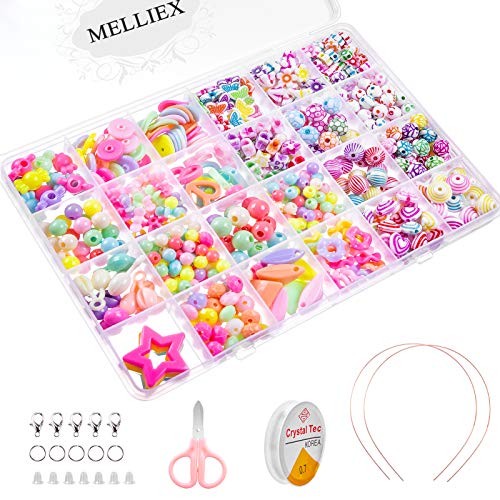 MELLIEX 500 Piezas Niños Bricolaje Conjunto de Cuentas para Hacer Joyas, Cadena de Cuentas de Artesanía Acrílica para Collares Pulseras Cabello