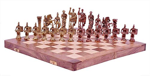 Metallic India Juego de ajedrez con piezas esculpidas de latón en estilo romano antiguo y juego de mesa de madera