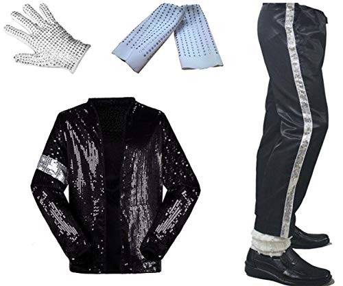 Michael Jackson Cosplay Kid Disfraz de Cosplay para Adultos 4pcs MJ Billie Jeans Jacket + Pant + Socks + Guante (W: 32-41kg H:130-140cm)