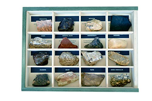 MINERALES Y FOSILES NANO Colección de 16 Rocas Metamórficas Premium en Caja de Madera Natural - Rocas Educativas de Gran tamaño con Hoja de descripción. Kit Geología para niños