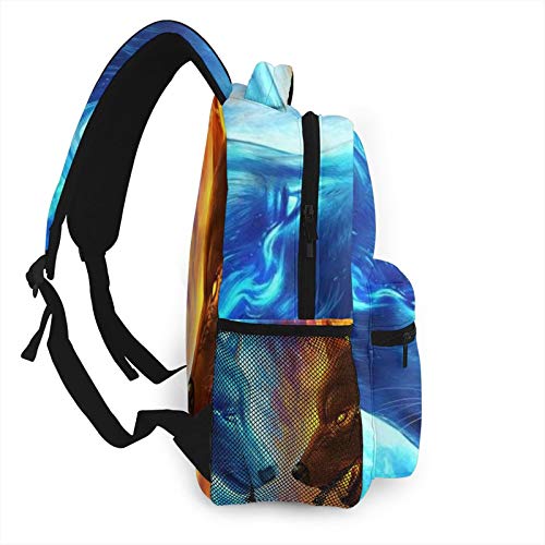 Mochila casual con diseño de lobo de fuego y lobos de hielo en 3D, impresión en todo sobre bolsa de libros ligera para niño