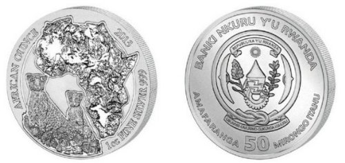 Moneda de plata de ley 999 con diseño de Ruanda de Guepardo (inglesa, Rwanda Cheetah)
