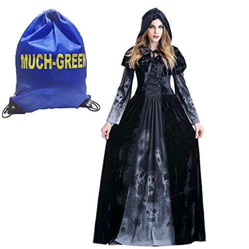 Much-Green Bruja Disfraz Vampiresa de Mujer Halloween,Vestido de Calavera Vampira para Disfraces Fiesta(Negro,XL)