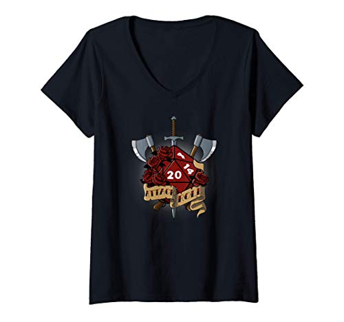 Mujer Attack Roll roleplaying dice sword RPG axe board game Camiseta Cuello V