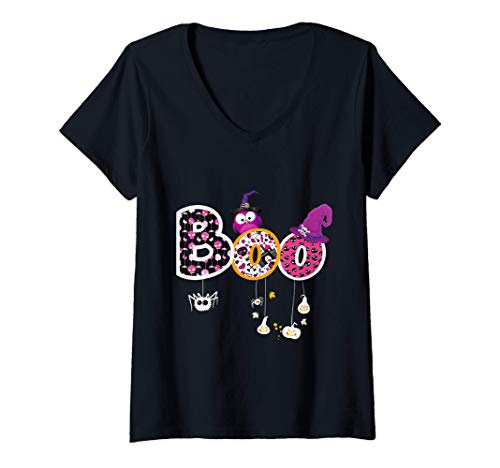 Mujer Boo Disfraz de Halloween Arañas Fantasmas Calabaza Sombrero Camiseta Cuello V