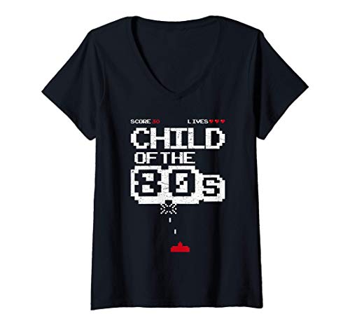 Mujer Child OfThe 80s Space Arcade Game Invader Funny Pun Gift Camiseta Cuello V