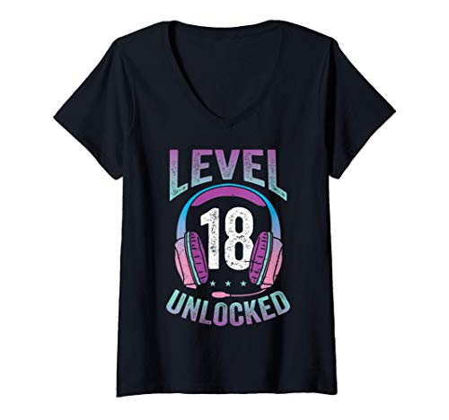 Mujer Gamer Girl Level 18 Unlocked Video Game 18th Birthday Gift Camiseta Cuello V