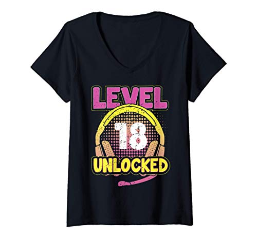 Mujer Gamer Girl Level 18 Unlocked Video Game 18th Birthday Gift Camiseta Cuello V