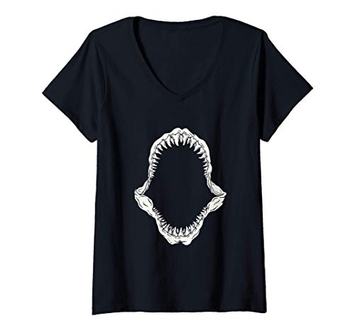 Mujer Megalodon Mandíbula Dientes de tiburón Tiburón gigante Shark Camiseta Cuello V