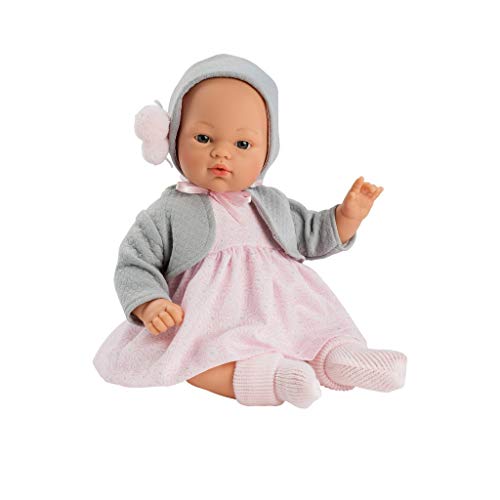 Muñecas Así Bebe Koke con Vestido Rosa y Chaqueta Gris. Cuerpo blandito y Carita Muy Dulce. 36 cm.