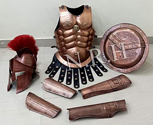 NauticalMart Medieval Roman King Leonidas Spartan 300 Movie Helmet W/ Red Plume +Muscle Jacket+Shield + Leg+ Arm Guards 300 Greek Spartan King Leonidas Gear of War Armor Shield leonidas helmet