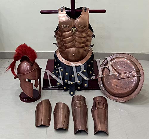 NauticalMart Medieval Roman King Leonidas Spartan 300 Movie Helmet W/ Red Plume +Muscle Jacket+Shield + Leg+ Arm Guards 300 Greek Spartan King Leonidas Gear of War Armor Shield leonidas helmet