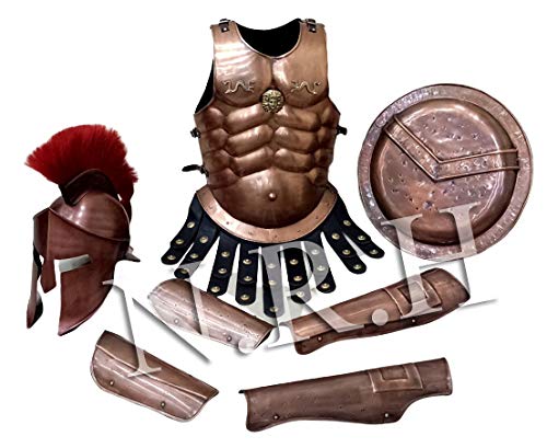 NauticalMart Medieval Roman King Leonidas Spartan 300 Movie Helmet W/ Red Plume +Muscle Jacket+Shield + Leg+ Arm Guards 300 Greek Spartan King Leonidas Gear of War Armor Shield leonidas helmet