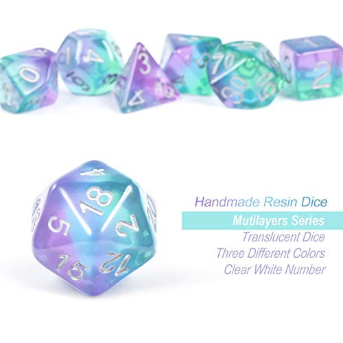 Nebula DND - Juego de Dados (7 Troqueles de poliedro con Pounch Gratis para Mazmorras y Dragones Juegos de Mesa Roll-Play Collector de Dados, Mutilayers Morado Azul y Verde