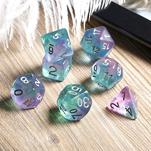 Nebula DND - Juego de Dados (7 Troqueles de poliedro con Pounch Gratis para Mazmorras y Dragones Juegos de Mesa Roll-Play Collector de Dados, Mutilayers Morado Azul y Verde