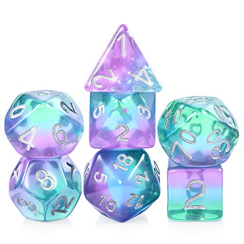 Nebula DND - Juego de Dados (7 Troqueles de poliedro con Pounch Gratis para Mazmorras y Dragones Juegos de Mesa Roll-Play Collector de Dados, Mutilayers Morado Azul y Verde