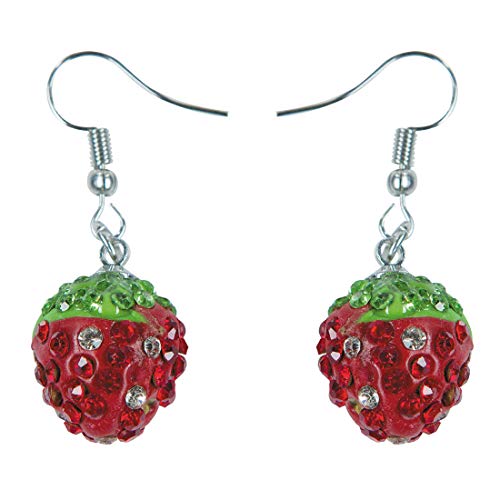 NET TOYS Fabulosos Pendientes de Fresa con Escarcha Colgantes - Rojo-Verde - Brillantes Accesorios de Fiesta Joyas para Las Orejas Verano diseño de Frutas Fiestas de Verano y Carnaval