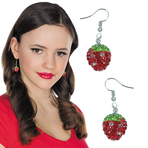 NET TOYS Fabulosos Pendientes de Fresa con Escarcha Colgantes - Rojo-Verde - Brillantes Accesorios de Fiesta Joyas para Las Orejas Verano diseño de Frutas Fiestas de Verano y Carnaval