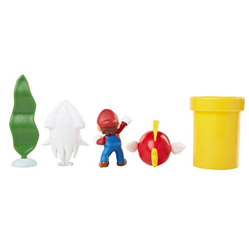 Nintendo Super Mario Underwater - Juego de Figuras de Diorama de 6,35 cm, Incluye: Mario, Cheep-Cheep, Blooper, tubería de urdimbre mecánica, Planta de Agua giratoria y Dos Monedas