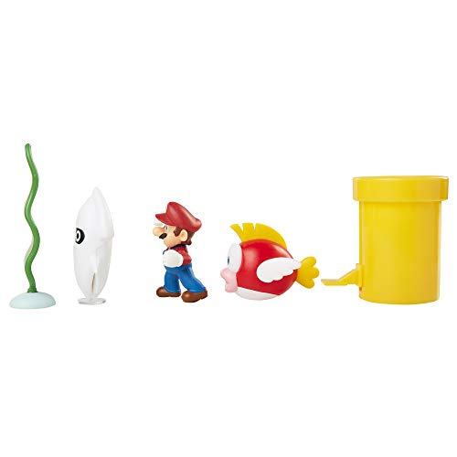 Nintendo Super Mario Underwater - Juego de Figuras de Diorama de 6,35 cm, Incluye: Mario, Cheep-Cheep, Blooper, tubería de urdimbre mecánica, Planta de Agua giratoria y Dos Monedas