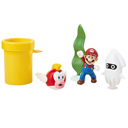 Nintendo Super Mario Underwater - Juego de Figuras de Diorama de 6,35 cm, Incluye: Mario, Cheep-Cheep, Blooper, tubería de urdimbre mecánica, Planta de Agua giratoria y Dos Monedas