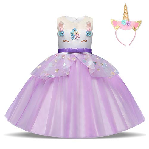 NNJXD Vestido de Unicornio para niñas Fiesta de Apliques de Flores Cosplay Disfraz de Halloween + Gorros Tamaño (110) 3-4 años 438 Púrpura-A