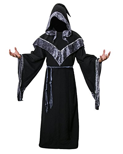 Nofonda Disfraz de Mago Monje Capa con Capucha Negra de Mágico Sacerdote Traje de Bruja Hechiceros Ropa Medieval de Adultos Hombre para Fiesta de Halloween Carnaval (XL)