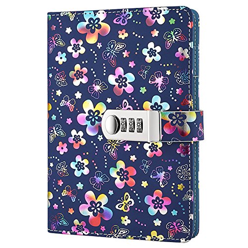 Portátil Cuaderno de cuero PU, diario, cuaderno diario,bloc de notas con cerradura de combinación para hombres y mujeres TPN102 Colorful flowers