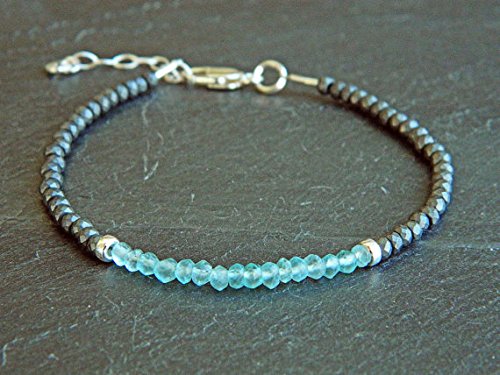 Pulsera Apatite, pulsera de hematita, pulsera de piedras preciosas, pulsera de plata de ley, pulsera de cuentas de plata, pulsera de la amistad, 3 – 3,5 mm