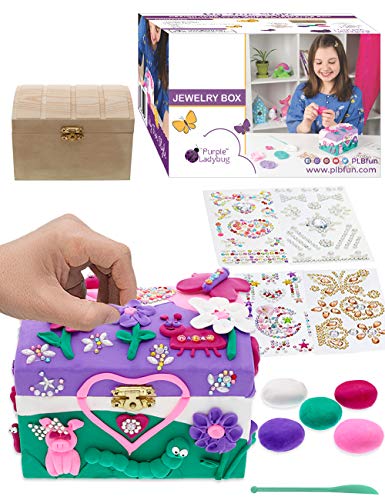 Purple Ladybug Joyero para Niñas! Kit de Manualidades para Niñas con Joyero de Madera, 5 Arcillas de Colores Herramienta de Esculpir y 4 Hojas de Gemas Brillantes Niña