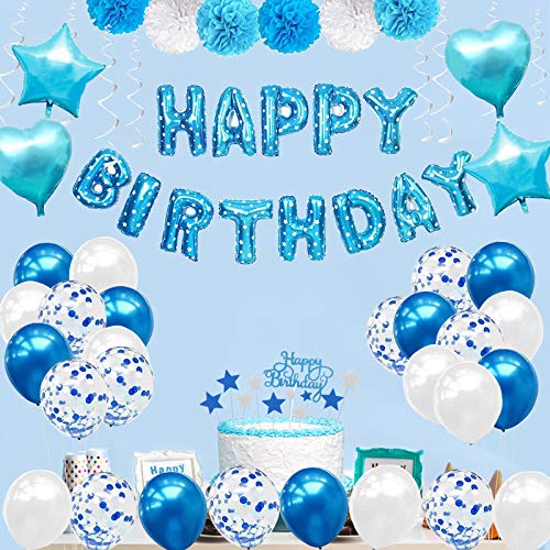 Pushingbest Decoracións Cumpleaños, Juego de Decoración de Fiesta Azul con Globos de Guirnalda de Feliz Cumpleaños Azul, Adornos para Tartas, Globos de Confeti, Globos de Látex, para Niños, Niñas