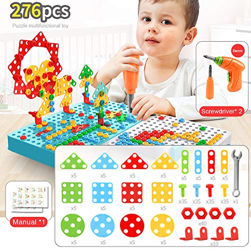 Puzzle 3D Mosaico Infantiles,276 PCS Juego Tornillos Niños Eléctrico,Juguetes Montessori 3 Años Motricidad, Juegos Educativos Niños 3+ Años, Rompecabezas Regalos, Bloques Construccion Herramientas (A)