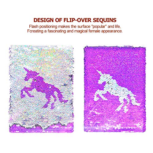 QearFun Unicorn Notebook A5 y juego de bolígrafos para niños, Flippy Sequin Diario Diario Artículos de papelería para estudiantes Artículos de regalo con un llavero de lentejuelas Unicorn